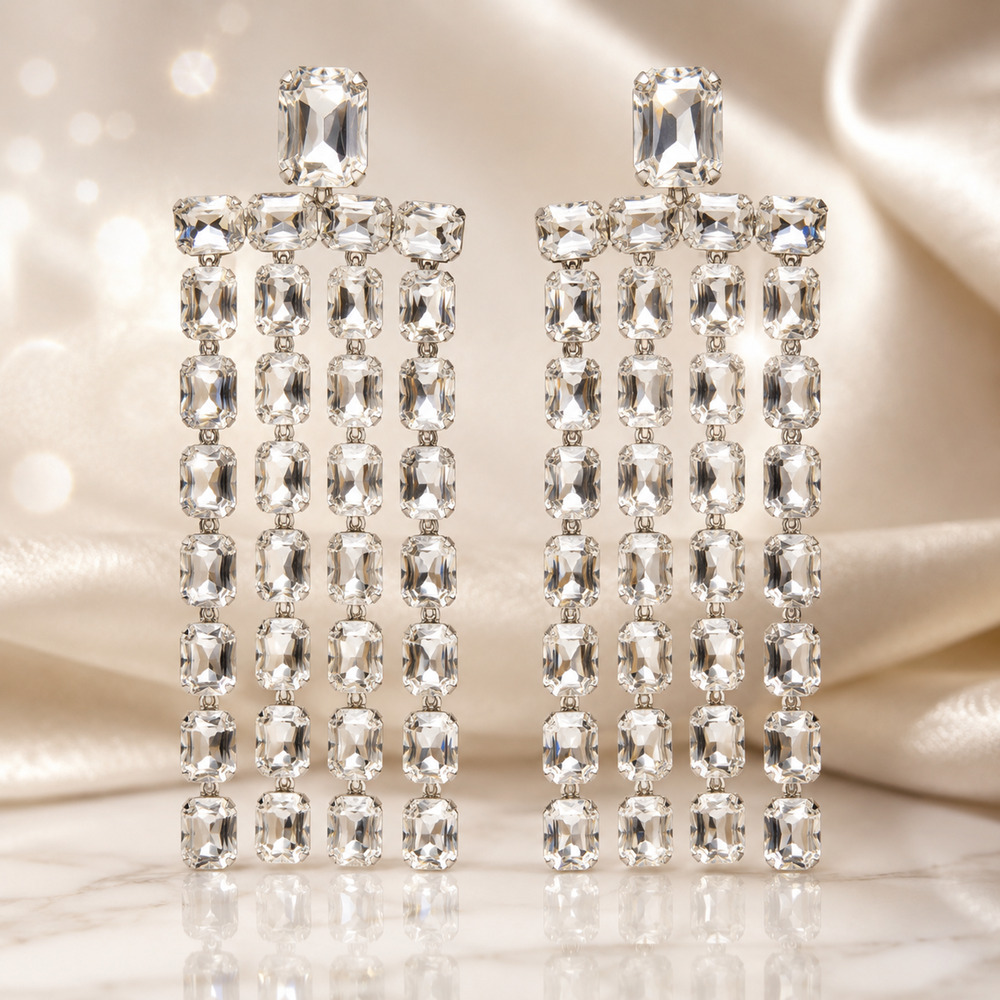 NWT Natasha Rhinestone Chandelier Earrings 4.25” Runway Glam Pageant Statement